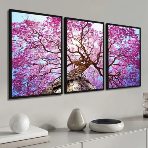 Kit 3 Quadros Decorativos Modernos Ipê Rosa Arvore Moldura