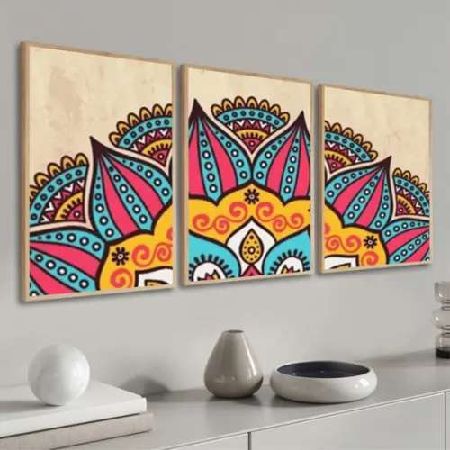 Kit 3 Quadros Decorativos Modernos Mandala Colorida Moldura