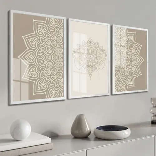 Kit 3 Quadros Decorativos Modernos Mandala Com Moldura Vidro