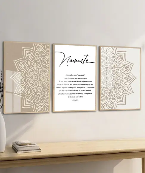Kit 3 Quadros Decorativos Modernos Mandala Namastê com Vidro