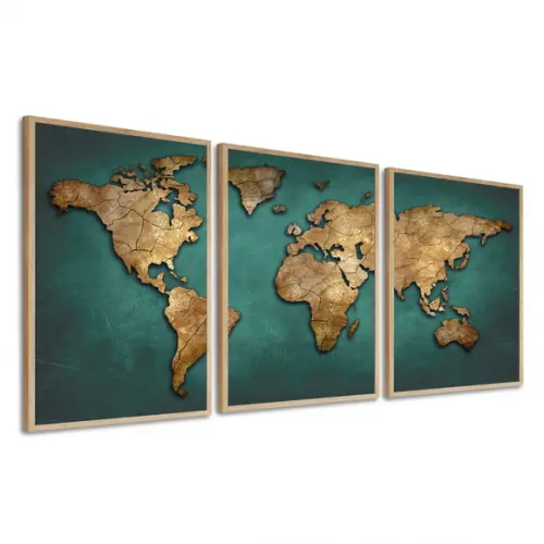 Kit 3 Quadros Decorativos Modernos Mapa Mundi Com Moldura
