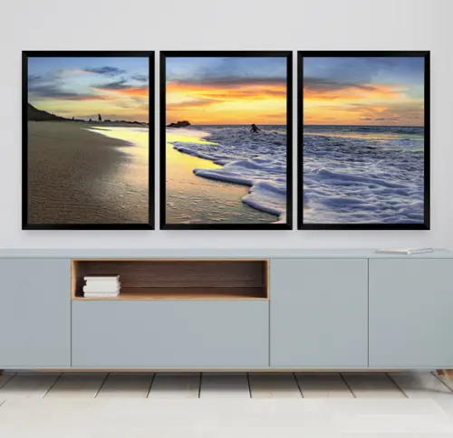 Kit 3 Quadros Decorativos Modernos Mar Pôr Do Sol Para Sala