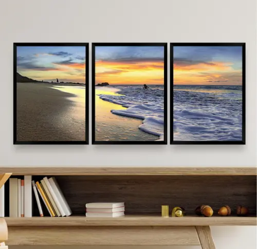 Kit 3 Quadros Decorativos Modernos Mar Pôr Do Sol Para Sala