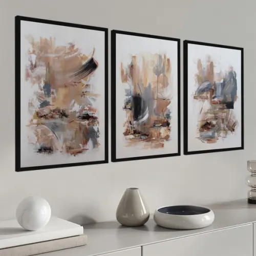 Kit 3 Quadros Decorativos Modernos Marrom Arte com Moldura