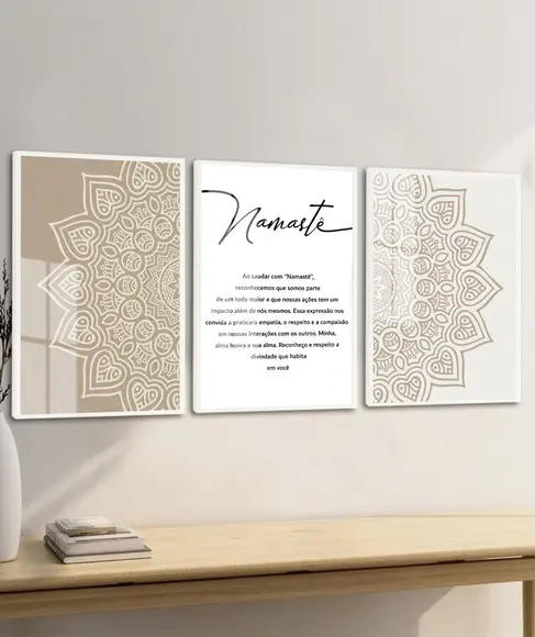 Kit 3 Quadros Decorativos Modernos Namastê Mandala com Vidro