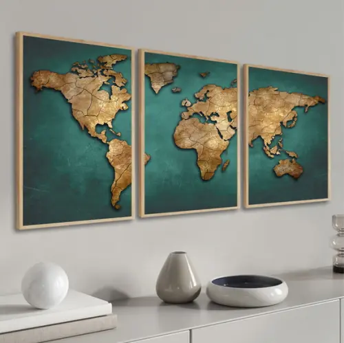 Kit 3 Quadros Decorativos Modernos Mapa Mundi Com Moldura