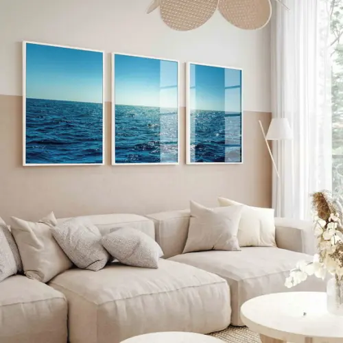 Kit 3 Quadros Decorativos Modernos Paisagem Mar Azul Vidro
