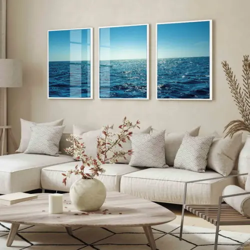 Kit 3 Quadros Decorativos Modernos Paisagem Mar Azul Vidro