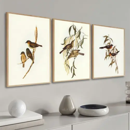 Kit 3 Quadros Decorativos Modernos Pássaros Sala Com Moldura