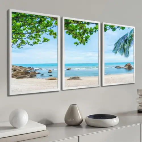 Kit 3 Quadros Decorativos Modernos Praia e Mar Com Moldura