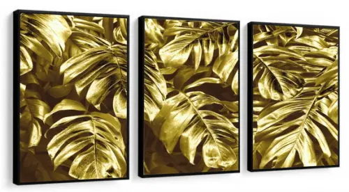 Kit 3 Quadros Decorativos Monstera Folhagem Dourada Moldura