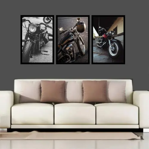 Kit 3 Quadros Decorativos Motocicleta Harley Vintage Moldura