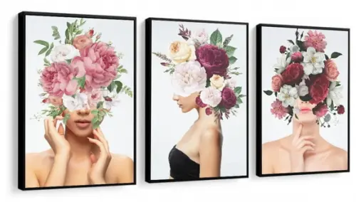 Kit 3 Quadros Decorativos Mulheres Flores Moderno Moldura