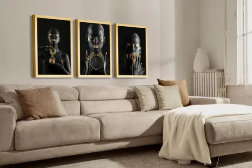 Kit 3 Quadros Decorativos Mulheres Negras Dourada Molduras