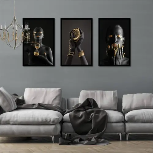 Kit 3 Quadros Decorativos Mulheres Negras Douradas Moldura