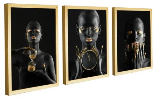 Kit 3 Quadros Decorativos Mulheres Negras Dourada Molduras