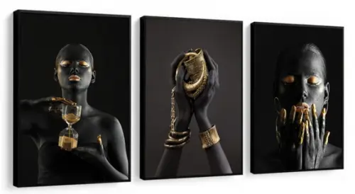 Kit 3 Quadros Decorativos Mulheres Negras Douradas Moldura