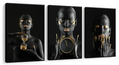 Kit 3 Quadros Decorativos Mulheres Negras Douradas Molduras