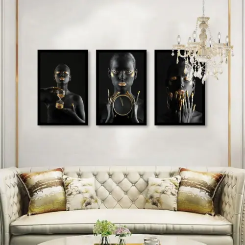 Kit 3 Quadros Decorativos Mulheres Negras Douradas Molduras