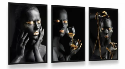 Kit 3 Quadros Decorativos Mulheres Negras Gold Com Moldura