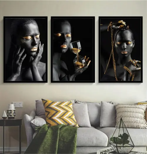 Kit 3 Quadros Decorativos Mulheres Negras Gold Com Moldura