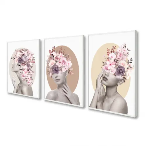 Kit 3 Quadros Decorativos Mulheres Quarto Flores Com Moldura