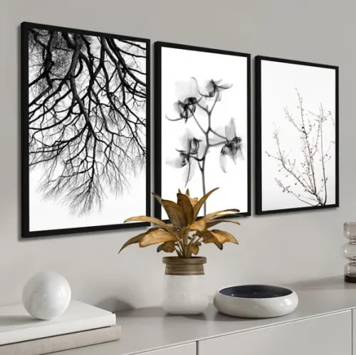 Kit 3 Quadros Decorativos Natureza Preto e Branco Molduras