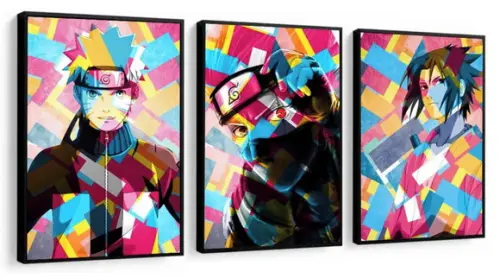 Kit 3 Quadros Decorativos Naruto Anime Sasuke Geek Molduras