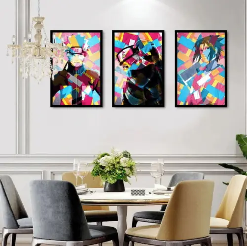 Kit 3 Quadros Decorativos Naruto Anime Sasuke Geek Molduras