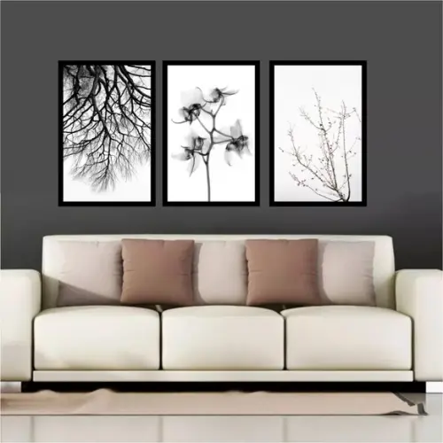 Kit 3 Quadros Decorativos Natureza Preto e Branco Molduras