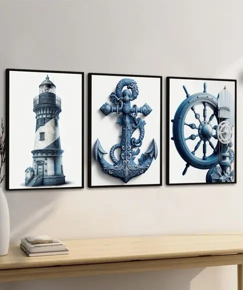 Kit 3 Quadros Decorativos Náutico Timão Ancora Farol Moldura