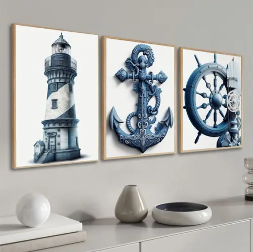 Kit 3 Quadros Decorativos Náuticos Ancora Moldura e Vidro