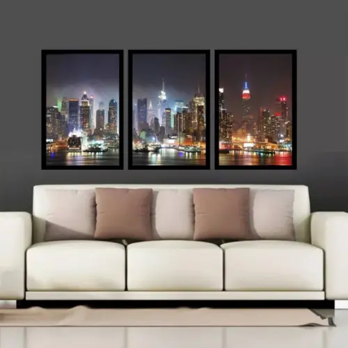Kit 3 Quadros Decorativos Nova York A Noite Conjunto Moldura