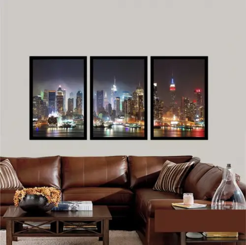 Kit 3 Quadros Decorativos Nova York A Noite Conjunto Moldura