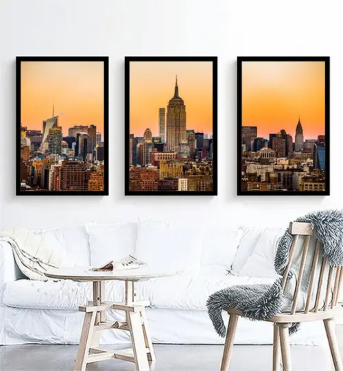 Kit 3 Quadros Decorativos Nova York Cidades Conjunto Moldura