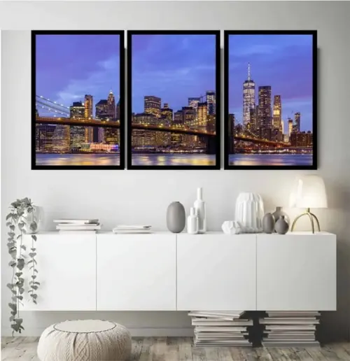 Kit 3 Quadros Decorativos Nova York Ponte Brooklyn Moldura