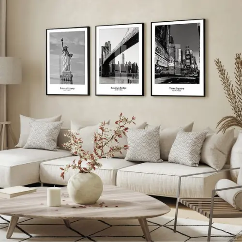 Kit 3 Quadros Decorativos Nova York Preto e Branco com Vidro
