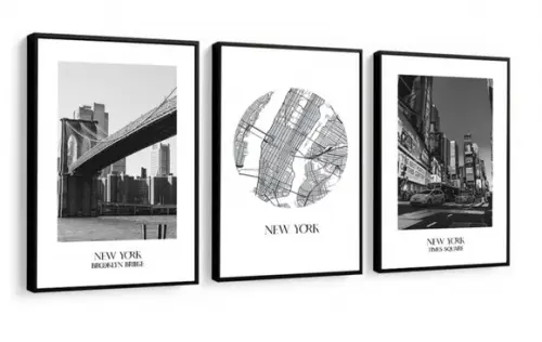 Kit 3 Quadros Decorativos Nova York Cidade Brooklyn Moldura