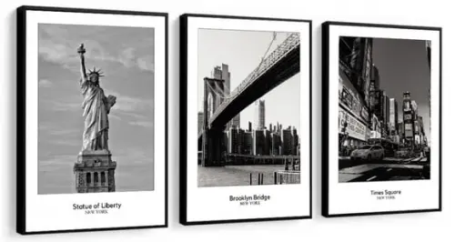 Kit 3 Quadros Decorativos Nova York Preto e Branco Moldura