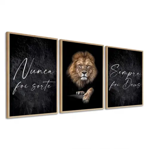 Kit 3 Quadros Decorativos Nunca Foi Sorte Leão com Moldura