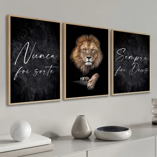 Kit 3 Quadros Decorativos Nunca Foi Sorte Leão com Moldura
