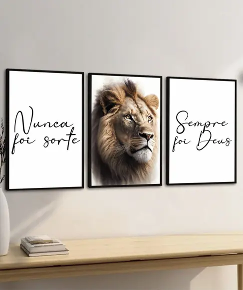 Kit 3 Quadros Decorativos Nunca Foi Sorte Leão Frase Moldura