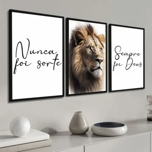 Kit 3 Quadros Decorativos Nunca Foi Sorte Leão Frase Moldura