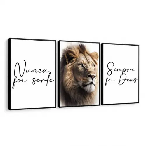 Kit 3 Quadros Decorativos Nunca Foi Sorte Leão Frase Moldura