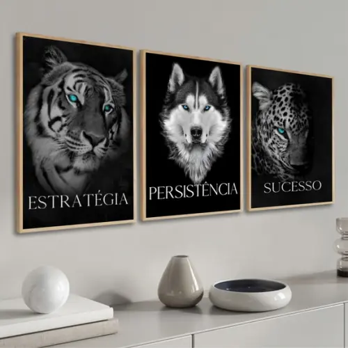 Kit 3 Quadros Decorativos Onça Tigre E Lobo Frases Moldura