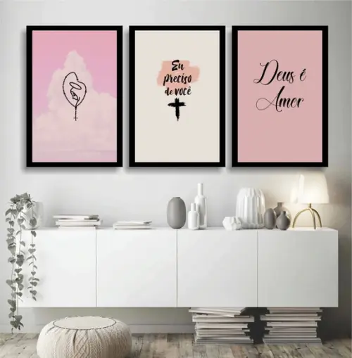 Kit 3 Quadros Decorativos Oração Fé Amor Para Quarto Sala