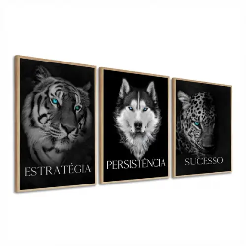 Kit 3 Quadros Decorativos Onça Tigre E Lobo Frases Moldura
