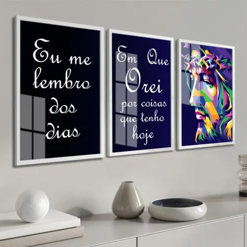 Kit 3 Quadros Decorativos Oração Jesus Cristo Vidro Moldura