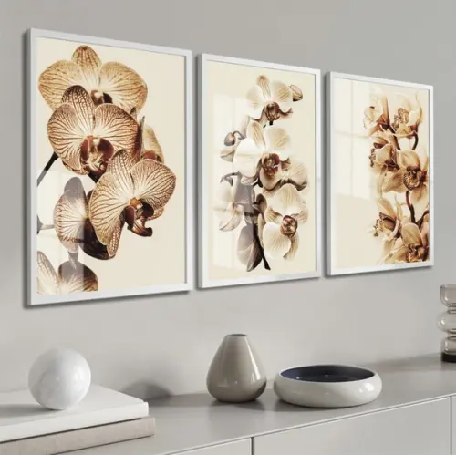 Kit 3 Quadros Decorativos Orquídea Bege Flor Moldura E Vidro