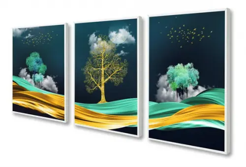 Kit 3 Quadros Decorativos Paisagem Arvore Dourada Moldura